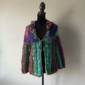 Multi-coloured ombré purple teal crochet flower cardigan whimsical women’s s-m